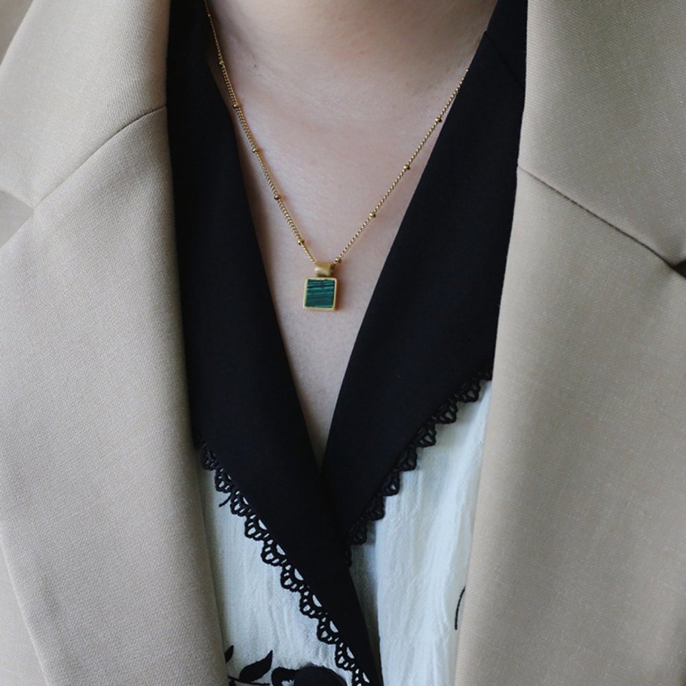 NEW 18K Gold Plated Square Malachite Necklace - Picture 6 of 8